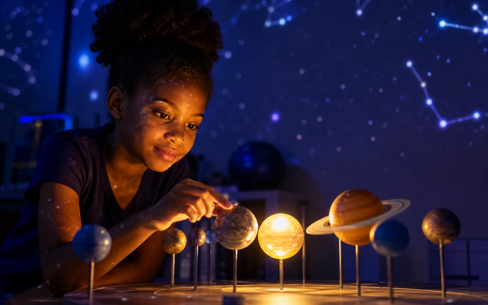 Criança estudando estrelas e planetas em um laboratório escolar
