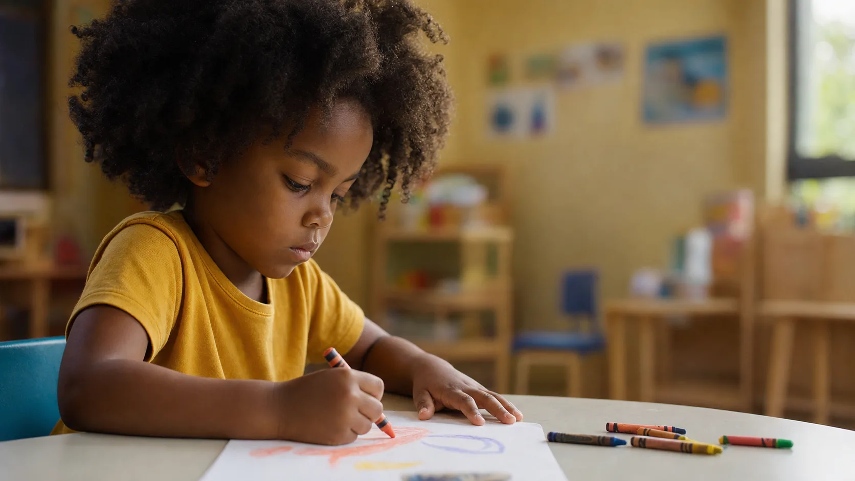 Criança desenhando concentrada em uma sala de aula